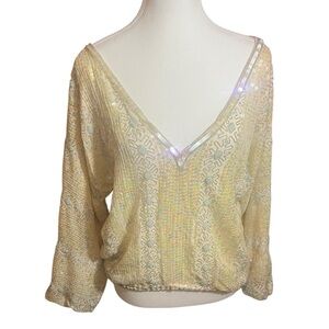 Pearlescent Iridescent cream beaded silk sequin vintage 70s 80s party bridal M